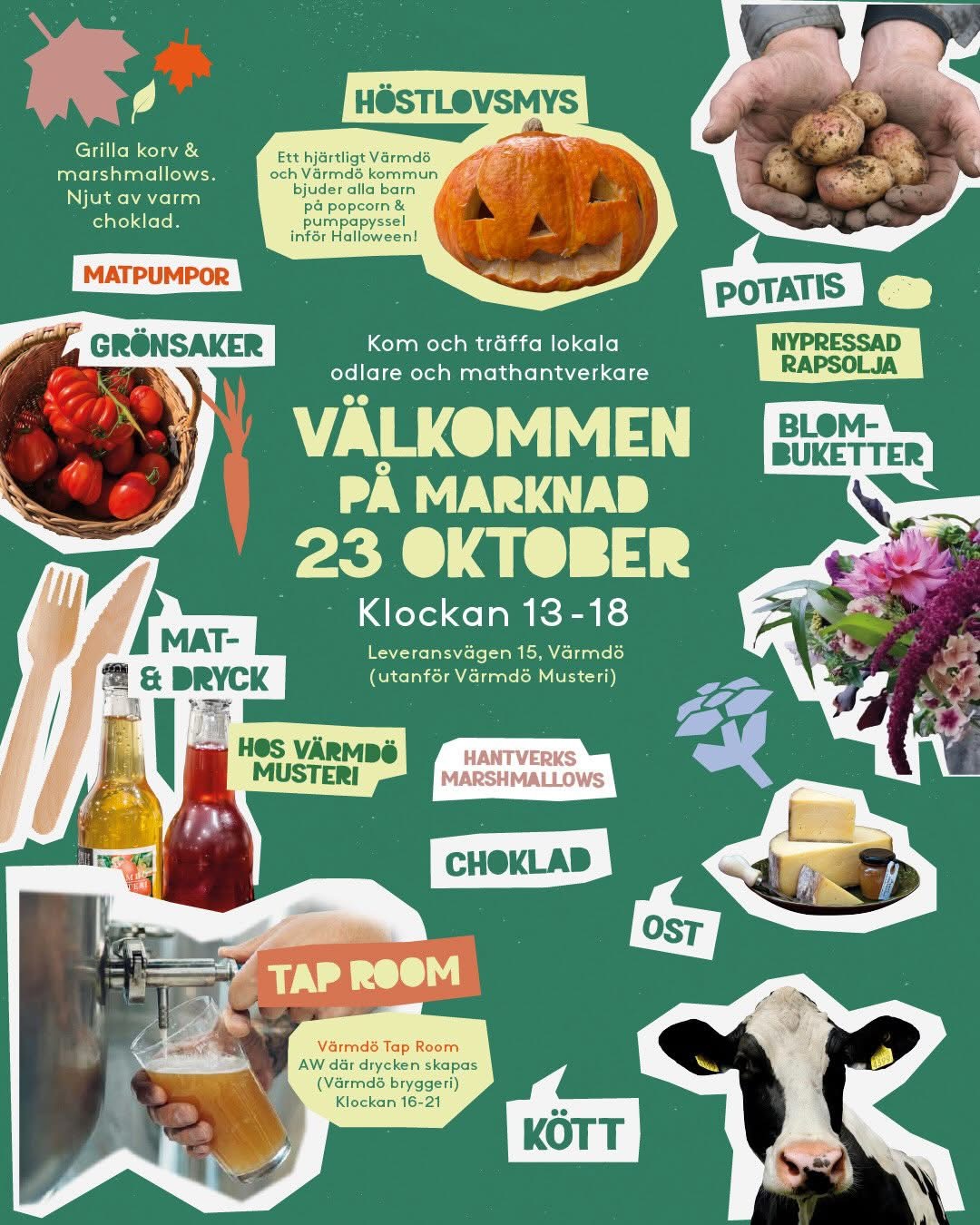 Affisch för marknad hos Värmdö Musteri 23 oktober, klockan 13–18
